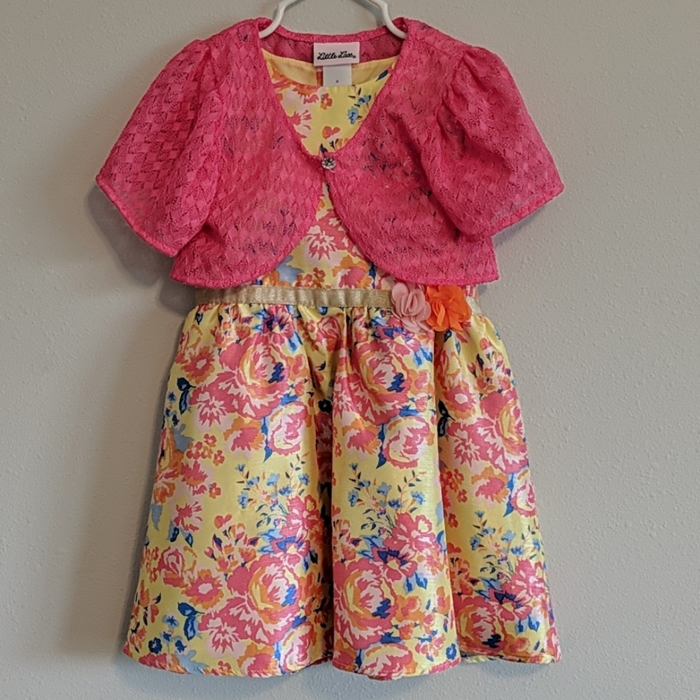 Little Lass Yellow floral dress with Pink shrug